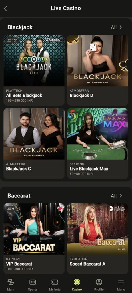 Live Blackjack and Live Baccarat games