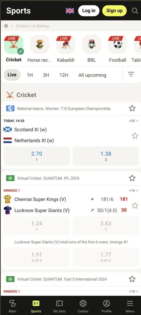 Live cricket betting at Parimatch