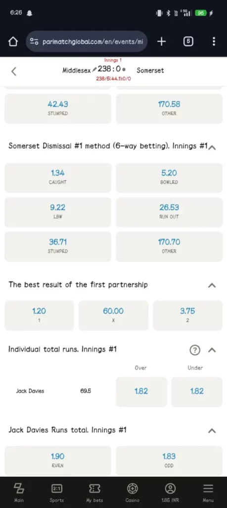 Parimatch Betting Scorecard