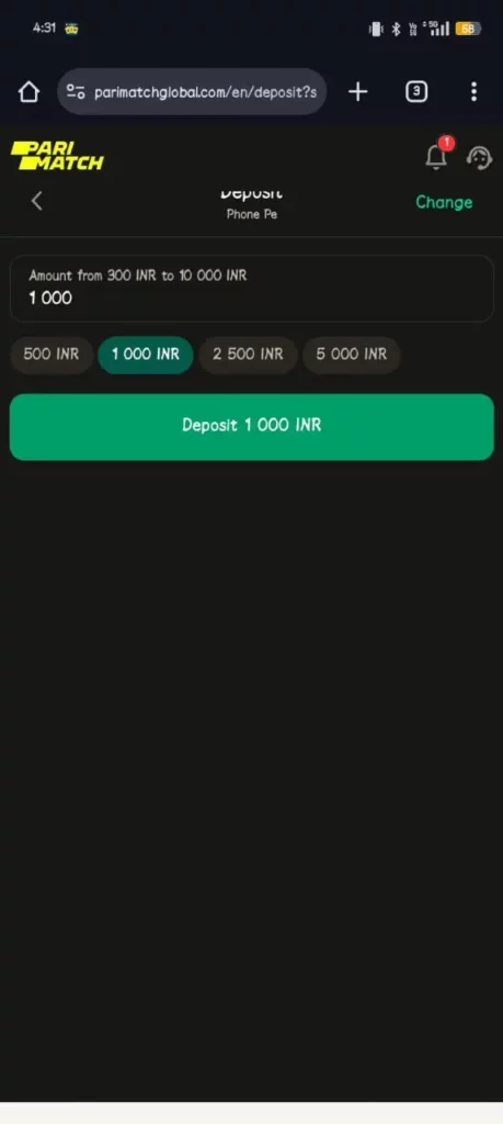 Parimatch Deposit Section
