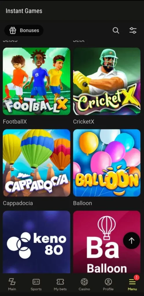 CricketX Parimatch menu