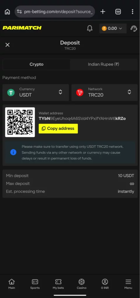 Parimatch cryptocurrency QR code deposit
