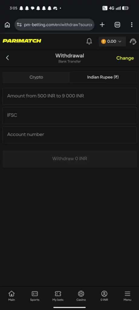 Parimatch withdrawal screen mobile
