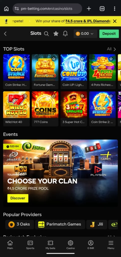 Parimatch casino slots lobby
