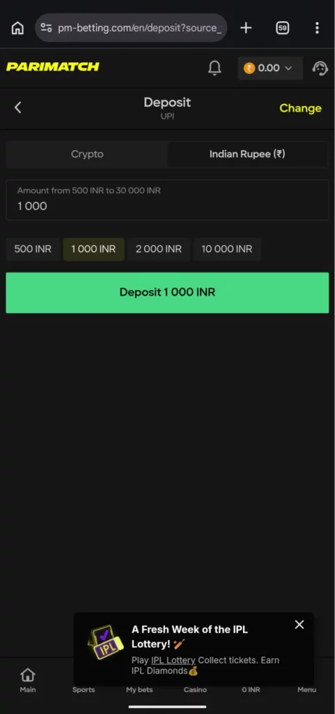 Parimatch wallet deposit button