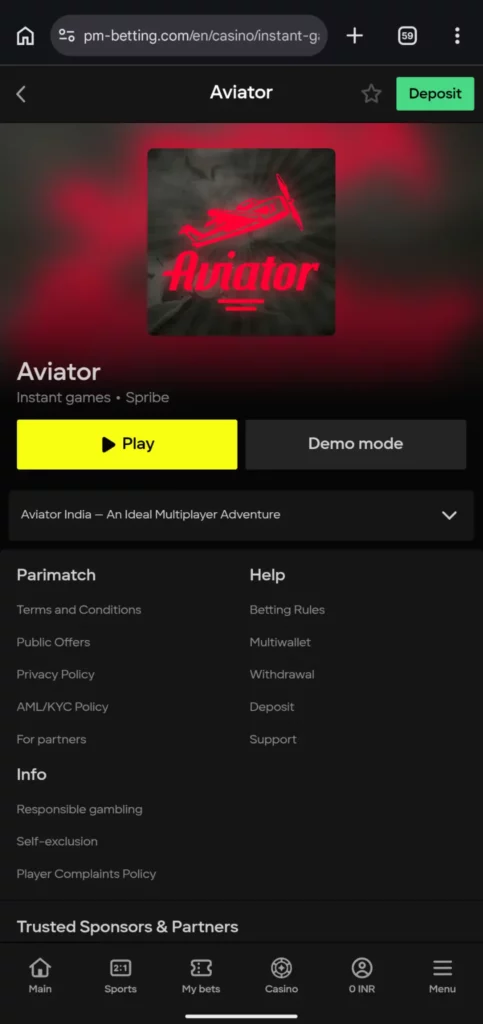 Parimatch Aviator crash game