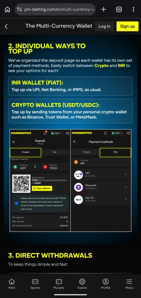 Parimatch payment methods list
