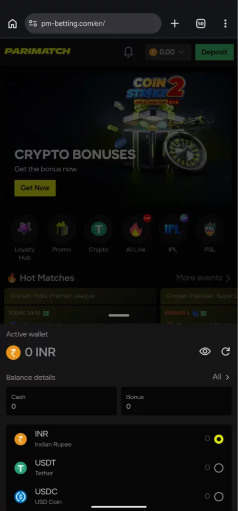 Parimatch wallet dashboard mobile
