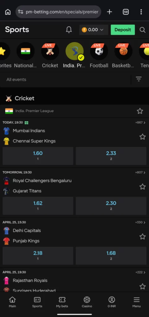 Parimatch cricket betting markets