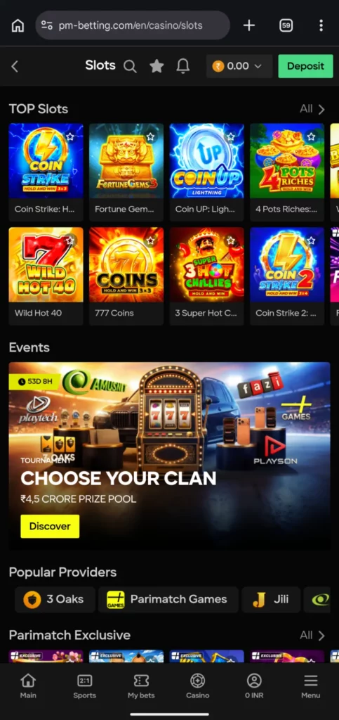 Parimatch casino slots lobby