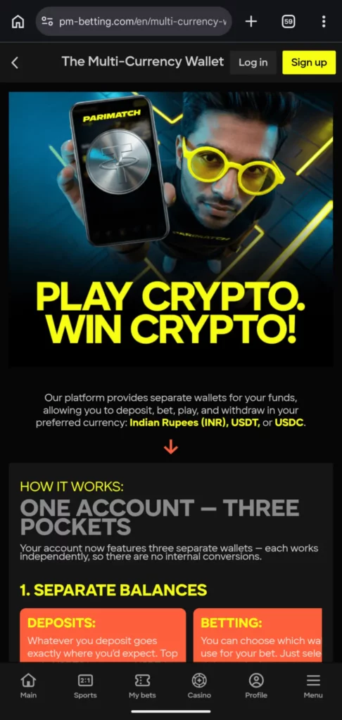 Parimatch crypto deposit screen